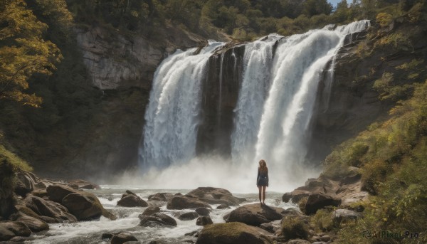 1girl, solo, long hair, brown hair, standing, outdoors, day, water, bag, from behind, tree, backpack, nature, scenery, forest, rock, wide shot, river, waterfall