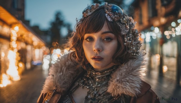 1girl,solo,looking at viewer,short hair,bangs,brown hair,hair ornament,brown eyes,jewelry,upper body,outdoors,parted lips,necklace,blurry,lips,coat,fur trim,dutch angle,night,depth of field,blurry background,building,freckles,realistic,nose,bokeh,black hair,closed mouth,sky,black eyes,makeup,portrait,fur collar