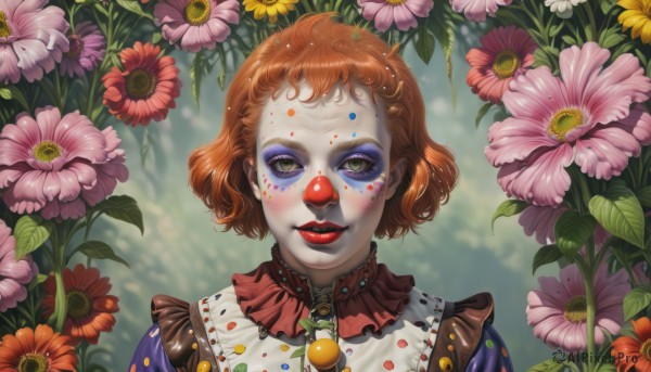 1girl,solo,looking at viewer,smile,short hair,brown hair,green eyes,upper body,flower,orange hair,lips,makeup,leaf,lipstick,portrait,eyeshadow,curly hair,red lips,facepaint,neck ruff,clown,blush,brown eyes,eyelashes,pale skin,realistic