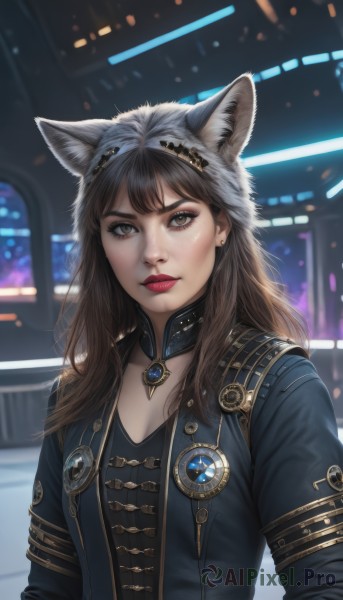 1girl,solo,long hair,breasts,looking at viewer,bangs,brown hair,hat,animal ears,cleavage,brown eyes,jewelry,closed mouth,jacket,upper body,earrings,cat ears,blurry,lips,makeup,blurry background,fake animal ears,brooch,gem,realistic,nose,red lips,stud earrings,shirt,medium breasts,open clothes,choker,open jacket,black jacket,detached collar,wolf ears,lipstick