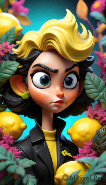 1girl,solo,looking at viewer,short hair,blue eyes,blonde hair,shirt,black hair,jewelry,closed mouth,green eyes,jacket,upper body,multicolored hair,earrings,food,artist name,blurry,two-tone hair,aqua eyes,lips,black jacket,fruit,frown,leaf,blue background,thick eyebrows,plant,freckles,yellow shirt,nose,mushroom,leather jacket,lemon,flower