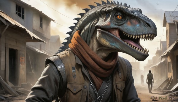 HQ,open mouth,shirt,1boy,jewelry,jacket,male focus,outdoors,multiple boys,sky,teeth,tongue,cloud,necklace,scarf,vest,orange eyes,chain,animal,cloudy sky,sharp teeth,building,monster,city,ruins,power lines,dinosaur,day,1other,realistic,giant,kaijuu