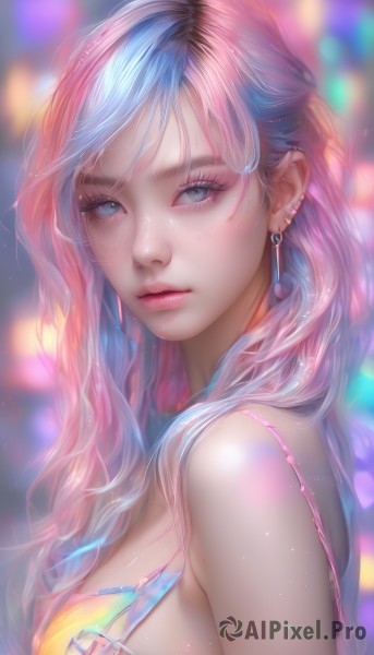 1girl,solo,long hair,breasts,looking at viewer,bangs,blue eyes,bare shoulders,jewelry,medium breasts,closed mouth,blue hair,swimsuit,upper body,pink hair,bikini,multicolored hair,earrings,artist name,blurry,from side,lips,eyelashes,makeup,blurry background,watermark,piercing,ear piercing,web address,eyeshadow,freckles,realistic,nose,mascara,bra,mole,grey eyes,wavy hair,expressionless,light particles,pink lips