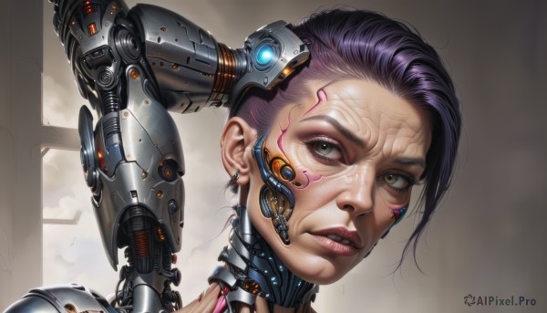 1girl,solo,looking at viewer,short hair,jewelry,green eyes,yellow eyes,purple hair,earrings,parted lips,teeth,lips,grey eyes,eyelashes,makeup,headgear,heterochromia,portrait,science fiction,veins,asymmetrical hair,realistic,nose,android,eyeliner,cable,cyborg,cyberpunk,mechanical parts,brown eyes,signature,clenched teeth,close-up,mechanical arms,damaged