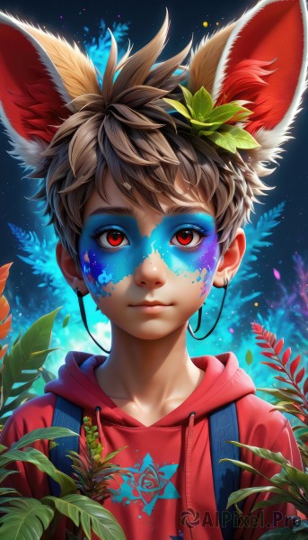 solo,looking at viewer,smile,short hair,bangs,brown hair,hair ornament,red eyes,1boy,animal ears,closed mouth,collarbone,upper body,male focus,hood,lips,animal ear fluff,fox ears,hoodie,leaf,blue background,hood down,plant,extra ears,nose,drawstring,cable,facepaint,vines,earphones,paint splatter,earbuds,paint,red hoodie,black hair,brown eyes,artist name,night,bug,male child,bodypaint