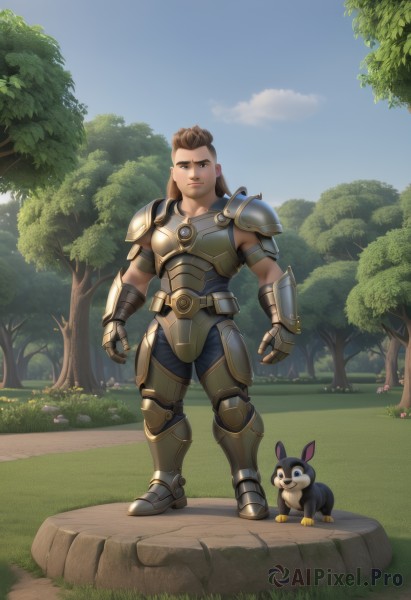 solo,looking at viewer,short hair,brown hair,1boy,brown eyes,standing,full body,flower,male focus,boots,outdoors,sky,day,pants,artist name,cloud,armor,tree,blue sky,muscular,animal,grass,muscular male,shoulder armor,gauntlets,clenched hands,pauldrons,dog,breastplate,armored boots,greaves,long hair,gloves,teeth,rabbit,mushroom