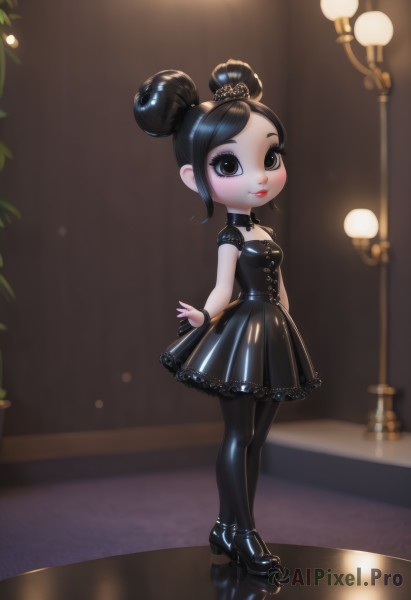 1girl,solo,breasts,looking at viewer,blush,smile,short hair,black hair,dress,brown eyes,standing,full body,short sleeves,pantyhose,small breasts,shoes,shiny,hair bun,black footwear,black eyes,black dress,high heels,lips,black pantyhose,double bun,makeup,tiara,lipstick,child,lolita fashion,shiny clothes,gothic lolita,red lips,platform footwear,latex,platform heels,jewelry,indoors,blurry