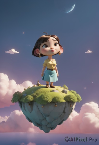 1girl,solo,short hair,skirt,brown hair,shirt,brown eyes,jewelry,closed mouth,standing,ahoge,short sleeves,earrings,outdoors,sky,day,belt,cloud,water,necklace,chibi,blue sky,lips,blue skirt,night,brown footwear,moon,cloudy sky,grass,looking up,star (sky),scenery,yellow shirt,hoop earrings,rock,crescent moon,cliff,floating island,tree,long skirt