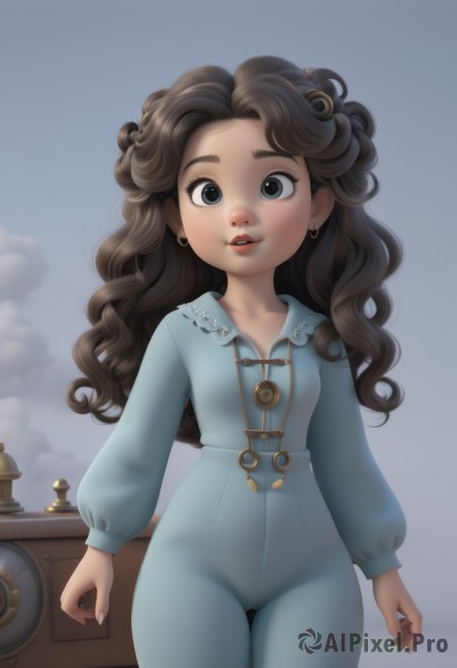 1girl,solo,long hair,breasts,looking at viewer,brown hair,shirt,long sleeves,brown eyes,jewelry,collarbone,cowboy shot,earrings,small breasts,outdoors,parted lips,sky,puffy sleeves,pants,cloud,necklace,black eyes,lips,wavy hair,thigh gap,cloudy sky,blue shirt,child,puffy long sleeves,freckles,curly hair,arms at sides,open mouth,black hair,teeth,bodysuit,female child,thick lips