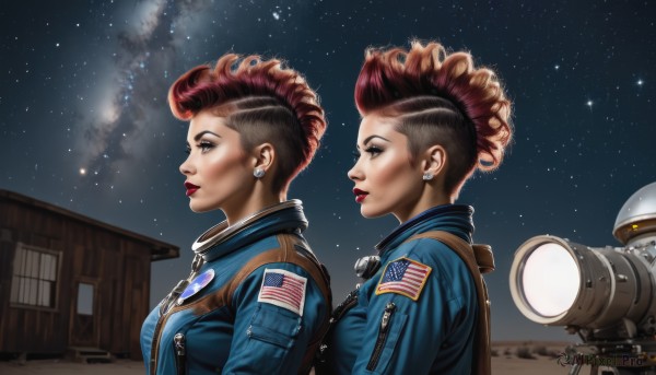 breasts,short hair,multiple girls,brown hair,2girls,brown eyes,jewelry,medium breasts,upper body,red hair,multicolored hair,earrings,outdoors,sky,star (symbol),uniform,from side,two-tone hair,lips,military,military uniform,profile,makeup,night,robot,lipstick,star (sky),night sky,starry sky,science fiction,realistic,nose,red lips,flag,space,police,police uniform,pompadour,american flag,spacecraft,spacesuit,mohawk,union jack,japanese flag,united states,astronaut,french flag,blue eyes,closed mouth,jacket,dark skin,eyelashes,window,piercing,blue jacket,building,dual persona,eyeshadow,zipper,asymmetrical hair,stud earrings,very short hair,undercut,afro,radio