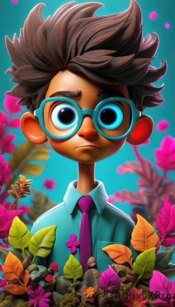 solo,looking at viewer,short hair,blue eyes,brown hair,shirt,1boy,closed mouth,upper body,flower,male focus,outdoors,necktie,glasses,collared shirt,dark skin,blurry,black eyes,blurry background,frown,leaf,blue background,dark-skinned male,blue shirt,plant,spiked hair,red flower,child,pink flower,purple flower,male child,straight-on,purple necktie,orange flower,blue-framed eyewear,brown eyes,artist name,signature,watermark,blue necktie