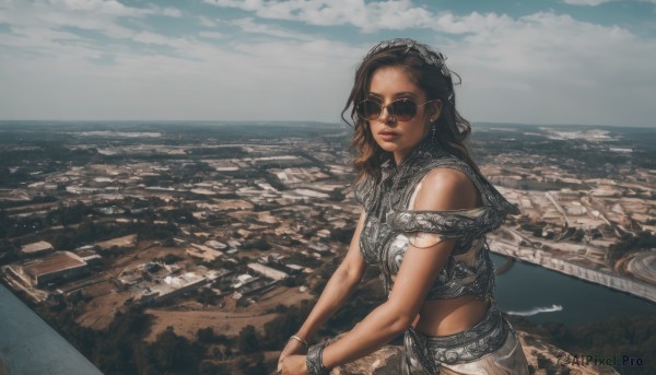 1girl,solo,long hair,looking at viewer,brown hair,bare shoulders,jewelry,earrings,outdoors,parted lips,sky,sleeveless,day,midriff,cloud,dark skin,bracelet,dark-skinned female,lips,ocean,sunglasses,scenery,city,realistic,horizon,cityscape,tinted eyewear,looking over eyewear,aviator sunglasses,black hair