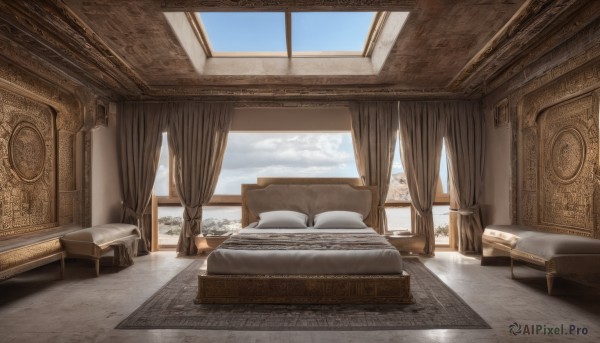 sky,day,cloud,indoors,tree,blue sky,pillow,book,no humans,window,bed,chair,table,sunlight,cloudy sky,plant,curtains,scenery,couch,wooden floor,bedroom,cushion,carpet,rug,canopy bed