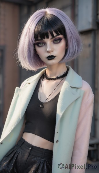 1girl,solo,breasts,looking at viewer,short hair,bangs,shirt,black hair,jewelry,closed mouth,green eyes,standing,collarbone,jacket,purple hair,white hair,multicolored hair,cowboy shot,small breasts,open clothes,choker,midriff,pants,artist name,blunt bangs,necklace,blurry,two-tone hair,lips,coat,grey eyes,black shirt,eyelashes,makeup,blurry background,black choker,black pants,bob cut,denim,lipstick,eyeshadow,white coat,midriff peek,split-color hair,mascara,black lips,yellow eyes,pink hair,open jacket,crop top,white jacket,tank top,jeans,realistic,jacket on shoulders