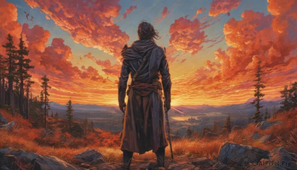 solo,short hair,black hair,gloves,long sleeves,1boy,holding,standing,weapon,male focus,boots,outdoors,sky,sword,cloud,hood,from behind,holding weapon,tree,gun,bird,cloudy sky,grass,nature,scenery,forest,sunset,rock,mountain,arms at sides,facing away,mountainous horizon,orange sky,japanese clothes,signature,hair bun,sash,single hair bun,katana,sheath,clenched hands,ninja,prosthesis,prosthetic arm,red sky