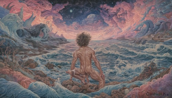 solo,short hair,black hair,1boy,ass,male focus,nude,outdoors,sky,barefoot,cloud,water,from behind,tree,completely nude,muscular,night,ocean,back,moon,star (sky),night sky,scenery,starry sky,toned,mountain,facing away,watercraft,wide shot,planet,waves,boat,surreal,fine art parody,standing,penis,tattoo,traditional media,parody,testicles,cloudy sky,muscular male,flaccid,faux traditional media