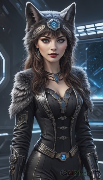 1girl,solo,long hair,breasts,looking at viewer,brown hair,gloves,animal ears,cleavage,brown eyes,jewelry,medium breasts,standing,cowboy shot,earrings,parted lips,belt,pants,artist name,hood,necklace,mole,lips,grey eyes,fur trim,bodysuit,makeup,lipstick,gem,pendant,animal hood,realistic,nose,red lips,leather,bangs,black hair,choker,signature,hoop earrings