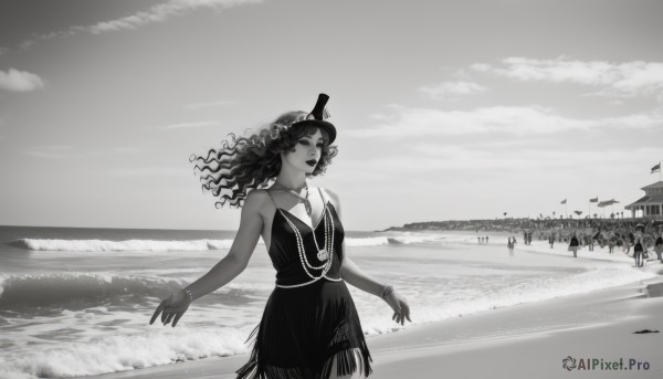 1girl,solo,long hair,breasts,looking at viewer,hat,dress,bare shoulders,jewelry,monochrome,greyscale,outdoors,sky,sleeveless,solo focus,cloud,water,necklace,bracelet,lips,sleeveless dress,bird,ocean,beach,cloudy sky,scenery,curly hair,sand,horizon,waves,shore,hair ornament,dark skin,dark-skinned female,bangle