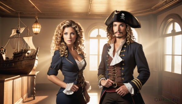 1girl,long hair,breasts,looking at viewer,blue eyes,blonde hair,brown hair,1boy,hat,cleavage,brown eyes,medium breasts,jacket,belt,pants,indoors,lips,window,facial hair,sunlight,corset,beard,backlighting,curly hair,mustache,watercraft,ship,pirate hat,pirate,tricorne,coat,ascot,realistic,cigar