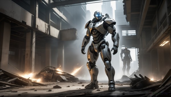 HQ,1boy,standing,weapon,multiple boys,solo focus,2boys,armor,gun,military,glowing,helmet,robot,building,mecha,science fiction,city,realistic,ruins,multiple others,damaged,open hands,power armor,debris,rubble,power suit,blue eyes,no humans,window,ground vehicle,glowing eyes,motor vehicle,military vehicle,car,dust,truck