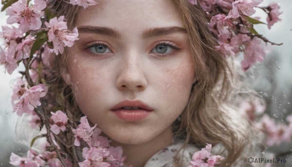 1girl, solo, long hair, looking at viewer, blue eyes, blonde hair, flower, parted lips, teeth, blurry, lips, grey eyes, eyelashes, depth of field, cherry blossoms, portrait, close-up, pink flower, water drop, realistic, nose, branch