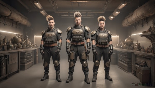 looking at viewer,short hair,blonde hair,brown hair,gloves,standing,weapon,male focus,boots,multiple boys,belt,pants,indoors,armor,uniform,gun,facial hair,3boys,bottle,spiked hair,shoulder armor,science fiction,breastplate,realistic,knee pads,shoulder pads,shelf,mohawk,bulletproof vest,shirt,full body,white hair,multicolored hair,black gloves,fingerless gloves,two-tone hair,tattoo,black pants