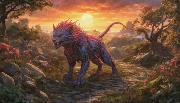 open mouth,red eyes,tail,flower,outdoors,sky,teeth,cloud,tree,no humans,fangs,sunlight,cloudy sky,grass,plant,sharp teeth,nature,scenery,claws,forest,sunset,monster,rock,mountain,sun,fantasy,orange sky