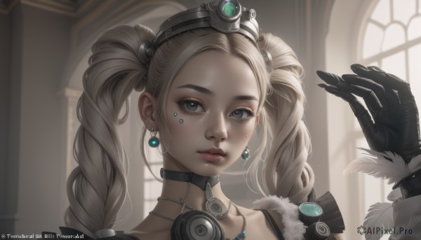 1girl,solo,long hair,looking at viewer,blonde hair,gloves,twintails,jewelry,collarbone,braid,earrings,choker,black gloves,artist name,indoors,hand up,necklace,blurry,lips,grey eyes,fur trim,window,blurry background,watermark,crown,gem,portrait,web address,freckles,realistic,blue eyes,hair ornament,parted lips,twin braids,makeup,facial mark,feathers,forehead,backlighting,nose,mascara