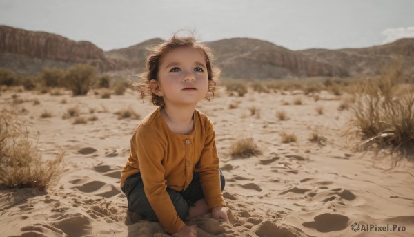 1girl,solo,looking at viewer,short hair,blue eyes,brown hair,shirt,black hair,long sleeves,1boy,closed mouth,male focus,outdoors,shorts,day,pants,blurry,kneeling,blurry background,squatting,child,yellow shirt,realistic,female child,male child,orange shirt,parted lips,sky,aged down,looking up,denim,scenery,rock,sand,dirty