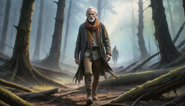 HQ,solo,looking at viewer,long sleeves,1boy,standing,jacket,white hair,male focus,boots,outdoors,multiple boys,open clothes,solo focus,pants,scarf,tree,coat,torn clothes,blood,facial hair,scar,nature,beard,forest,walking,mustache,arms at sides,bald,brown pants,old,old man,bare tree,shirt,teeth,bird,bandages,light rays,realistic,fantasy,blood on clothes,horror (theme),corpse