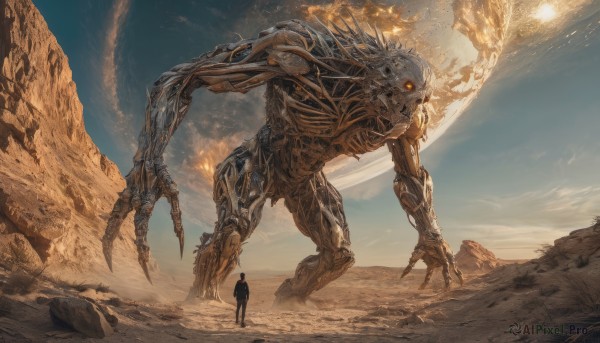 1boy,standing,outdoors,sky,day,cloud,from behind,glowing,fire,scenery,glowing eyes,claws,1other,science fiction,monster,rock,sun,size difference,giant,skeleton,alien,ambiguous gender,desert,signature,robot,mecha,realistic,sand,planet,dust