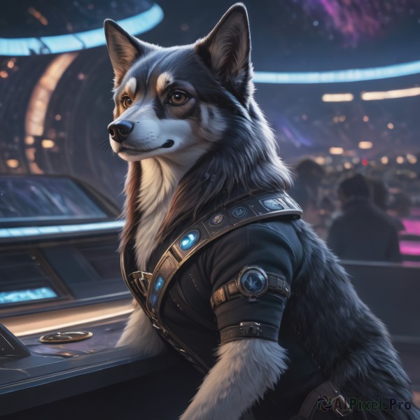 solo,1boy,brown eyes,closed mouth,jacket,upper body,male focus,solo focus,belt,artist name,blurry,black jacket,no humans,night,blurry background,animal,furry,dog,furry male,leather,animal focus,wolf,black fur,sitting,signature,realistic,arm belt