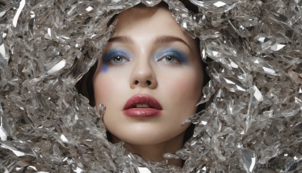 1girl,solo,looking at viewer,simple background,brown hair,black hair,white background,parted lips,teeth,black eyes,lips,grey eyes,makeup,looking up,lipstick,portrait,eyeshadow,crystal,realistic,red lips,blue eyes,brown eyes,close-up,nose,glass