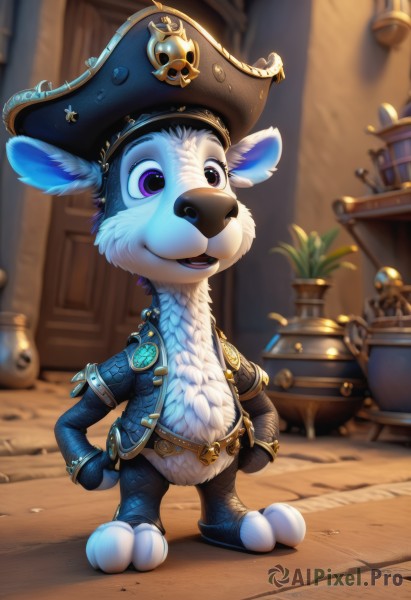 solo,smile,open mouth,1boy,hat,standing,purple eyes,jacket,full body,male focus,open clothes,belt,artist name,indoors,blurry,open jacket,no humans,blurry background,animal,watermark,gem,furry,hands on hips,furry male,pirate hat,pirate,skull and crossbones,barrel,treasure chest,teeth,blue jacket,web address,clothed animal