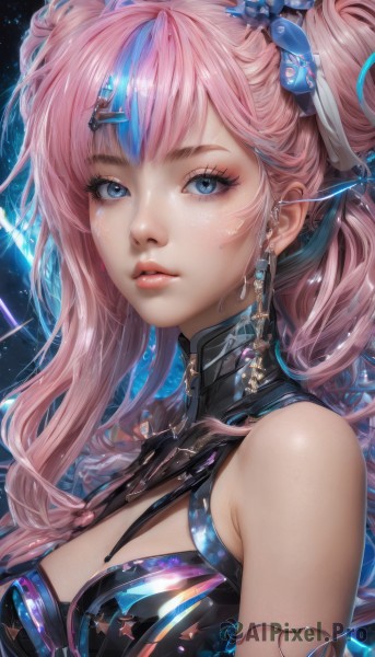 1girl,solo,long hair,breasts,looking at viewer,bangs,blue eyes,hair ornament,cleavage,bare shoulders,twintails,jewelry,medium breasts,blue hair,upper body,pink hair,multicolored hair,earrings,parted lips,sleeveless,hairclip,shiny,artist name,two-tone hair,lips,streaked hair,clothing cutout,eyelashes,double bun,makeup,piercing,cleavage cutout,ear piercing,eyeshadow,freckles,realistic,nose,mascara,signature,hair bun,pink lips