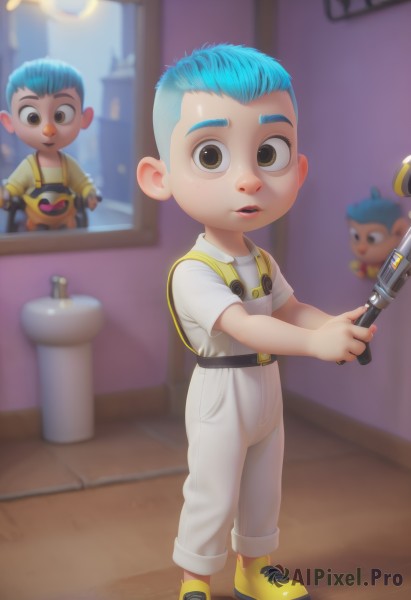 solo,looking at viewer,short hair,open mouth,shirt,1boy,holding,brown eyes,blue hair,standing,full body,white shirt,male focus,shoes,belt,indoors,blurry,blurry background,aged down,child,personification,overalls,male child,teeth,artist name,realistic,yellow footwear,toy,reference inset