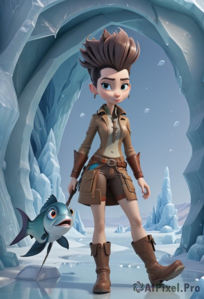 1girl,solo,smile,short hair,blue eyes,brown hair,black hair,jewelry,jacket,full body,earrings,boots,shorts,belt,artist name,water,lips,animal,brown footwear,spiked hair,bike shorts,fish,walking,ice,leather,breasts,navel,holding,standing,weapon,cropped jacket,brown jacket,brown shorts,mohawk