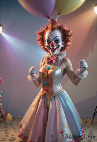 1girl,solo,breasts,looking at viewer,smile,short hair,skirt,brown hair,gloves,dress,bow,bare shoulders,brown eyes,medium breasts,standing,red hair,teeth,sleeveless,white gloves,signature,bowtie,grin,orange eyes,makeup,mask,lipstick,pink bow,multicolored clothes,clenched hands,curly hair,red lips,facepaint,balloon,pink bowtie,clown,red eyes,colored skin,facial mark,genderswap (mtf),blue skin