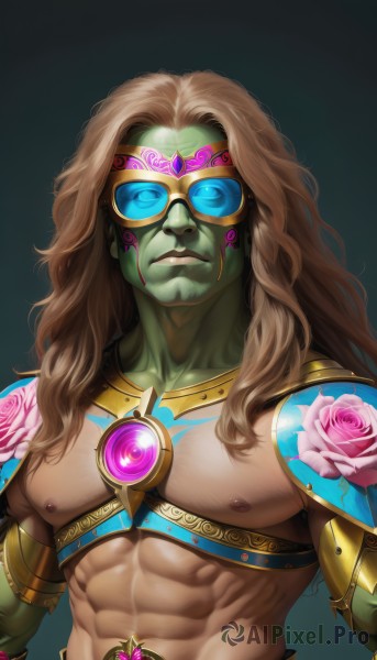 solo,long hair,looking at viewer,blue eyes,simple background,brown hair,1boy,navel,nipples,upper body,flower,male focus,armor,gradient,gradient background,blood,mask,muscular,glowing,rose,colored skin,abs,pectorals,muscular male,gem,pink flower,green background,topless male,green skin,pink rose,blonde hair,closed mouth,collarbone,glasses,tattoo,facial hair,wavy hair,shoulder armor,veins,shoulder pads