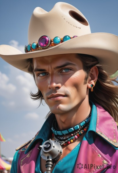 solo,long hair,looking at viewer,blue eyes,brown hair,shirt,1boy,hat,jewelry,closed mouth,jacket,upper body,male focus,earrings,outdoors,sky,day,cloud,necklace,blurry,collar,blue sky,lips,gun,blurry background,facial hair,blue shirt,portrait,freckles,realistic,nose,pink jacket,cowboy hat,cowboy western,vest,scar,goggles,beard