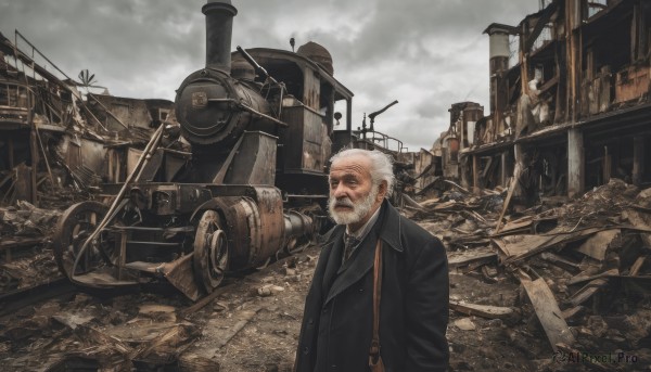 solo,shirt,1boy,jacket,upper body,white hair,male focus,outdoors,necktie,sky,cloud,coat,military,facial hair,cloudy sky,ground vehicle,building,motor vehicle,beard,realistic,mustache,military vehicle,manly,ruins,tank,old,old man,grey sky,collared shirt,black jacket,scar,black necktie,debris,rubble