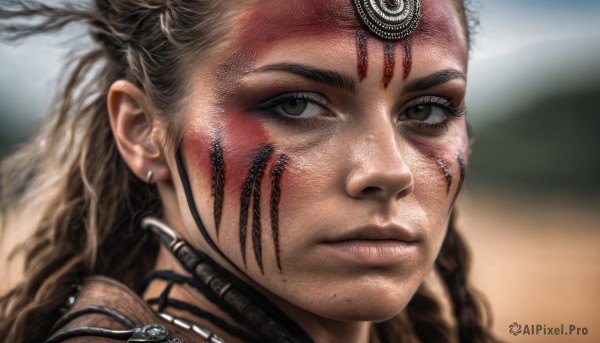 1girl,solo,long hair,looking at viewer,brown hair,brown eyes,jewelry,closed mouth,braid,mole,blurry,lips,blurry background,facial mark,portrait,close-up,freckles,realistic,nose,facepaint,tribal,hair ornament,earrings,dark skin,feathers,feather hair ornament