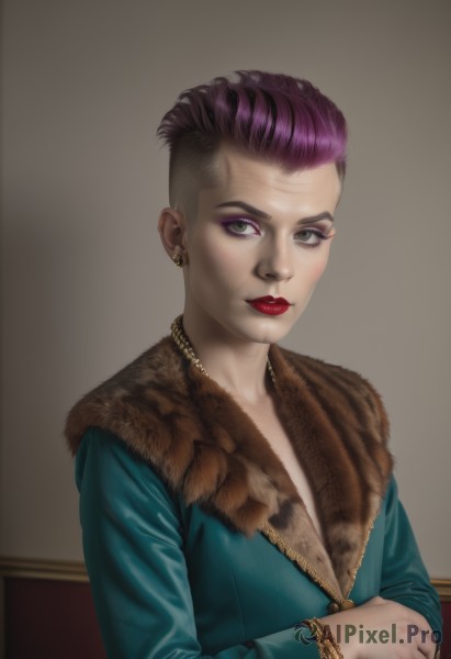 1girl,solo,looking at viewer,short hair,long sleeves,jewelry,green eyes,upper body,pink hair,purple hair,multicolored hair,earrings,necklace,bracelet,two-tone hair,lips,grey eyes,fur trim,eyelashes,makeup,piercing,lipstick,ear piercing,eyeshadow,realistic,nose,red lips,eyeliner,very short hair,undercut,mascara,breasts,cleavage,artist name,signature