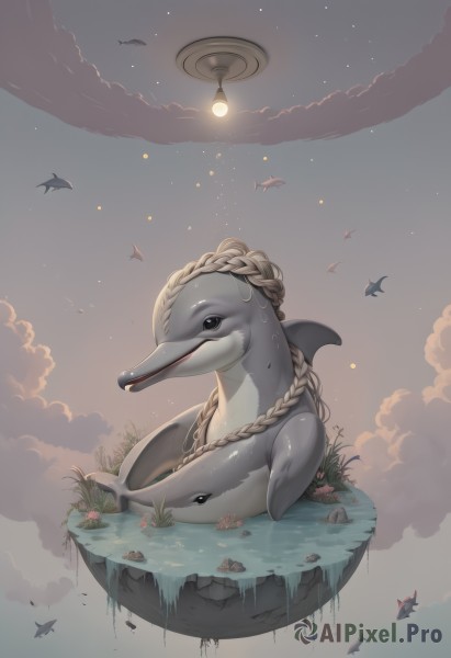 solo,sitting,closed mouth,braid,flower,outdoors,sky,artist name,cloud,water,black eyes,no humans,night,bird,animal,grass,star (sky),night sky,starry sky,fish,rock,animal focus,whale,watermark,light,jellyfish,light bulb,dolphin