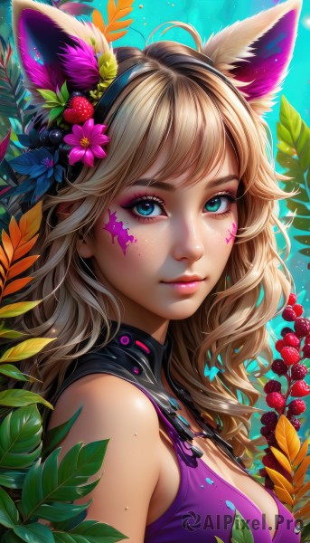 1girl,solo,long hair,breasts,looking at viewer,smile,bangs,blue eyes,blonde hair,brown hair,hair ornament,animal ears,cleavage,bare shoulders,medium breasts,closed mouth,green eyes,upper body,flower,ahoge,hairband,food,sleeveless,artist name,cat ears,hair flower,from side,aqua eyes,lips,fox ears,eyelashes,makeup,fruit,fake animal ears,leaf,wavy hair,facial mark,tank top,plant,lipstick,portrait,eyeshadow,freckles,pink lips,strawberry,nose,food-themed hair ornament,eyeliner,whisker markings,facepaint,mascara,jewelry,signature,necklace,mole,watermark,sunlight,web address,light particles,curly hair,mole on breast,purple flower,purple shirt,blueberry,berry