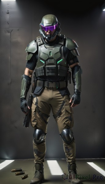 solo,gloves,1boy,holding,standing,full body,weapon,male focus,boots,black gloves,belt,pants,fingerless gloves,holding weapon,armor,gun,military,helmet,shoulder armor,holding gun,rifle,handgun,assault rifle,knee pads,shoulder pads,camouflage,elbow pads,bullet,shell casing,load bearing vest,bulletproof vest,body armor,shirt,black footwear,black shirt,science fiction,realistic,redesign