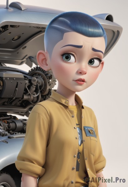 1girl,solo,looking at viewer,blush,short hair,simple background,shirt,jewelry,blue hair,jacket,upper body,short sleeves,earrings,parted lips,collared shirt,belt,black eyes,lips,makeup,robot,ground vehicle,motor vehicle,forehead,freckles,science fiction,yellow shirt,car,very short hair,blue eyes,1boy,white background,green eyes,male focus,open clothes,artist name,aged down,child,pocket,breast pocket,male child