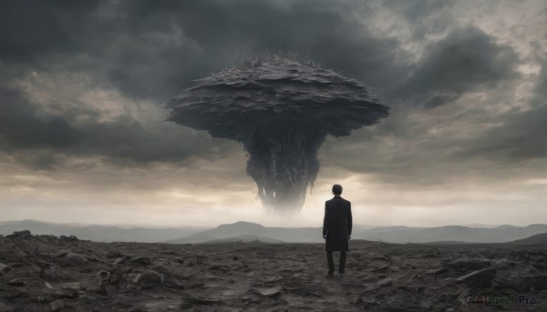 solo,short hair,black hair,1boy,standing,male focus,outdoors,sky,pants,cloud,from behind,cloudy sky,scenery,1other,monster,mountain,arms at sides,facing away,creature,wide shot,ambiguous gender,fog,oversized animal,eldritch abomination,tree,giant