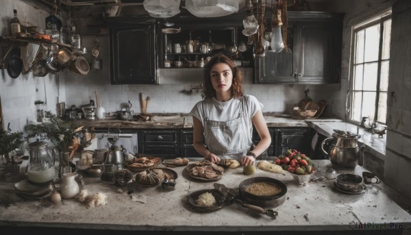 1girl,solo,long hair,looking at viewer,smile,brown hair,shirt,holding,brown eyes,jewelry,closed mouth,white shirt,braid,short sleeves,one eye closed,food,day,indoors,medium hair,apron,cup,window,fruit,table,sunlight,bottle,knife,plant,t-shirt,plate,bowl,watch,spoon,basket,wristwatch,potted plant,bread,cooking,shelf,ladle,kitchen,jar,tomato,vegetable,frying pan,sink,spatula,kettle,stove,potato,kitchen knife,cutting board,onion,upper body,parted lips,necklace,bracelet,lips,letterboxed,realistic,apple,carrot,wall