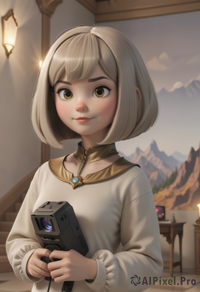 1girl,solo,looking at viewer,smile,short hair,bangs,blonde hair,shirt,long sleeves,dress,holding,brown eyes,closed mouth,collarbone,upper body,grey hair,outdoors,sky,artist name,indoors,white dress,blurry,lips,blurry background,bob cut,robot,freckles,mountain,nose,camera,lamp,holding camera,breasts,blush,jewelry,yellow eyes,weapon,holding weapon,gun,table,holding gun